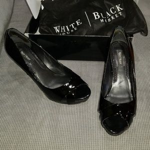 WHBM patent leather platform peeptoe heels 8.5